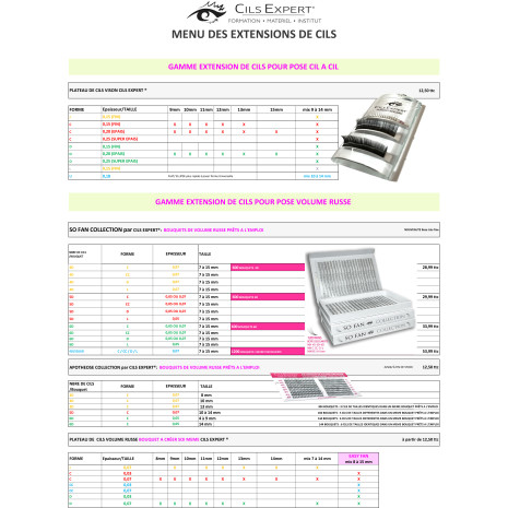 Catalogue et gamme d'extension de cils méthode cil à cil et volume russe pré-fait et à faire soi même marque Cils Expert